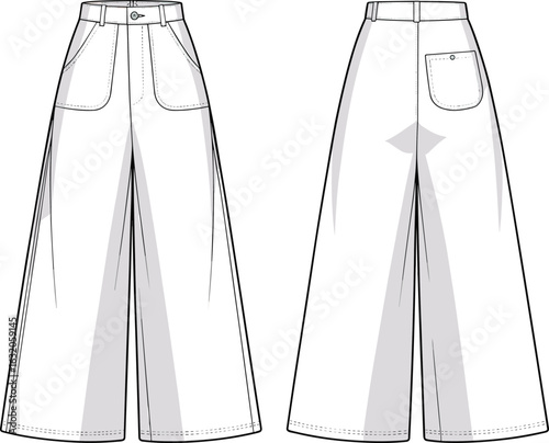 Wide leg high waist pants flat sketch, front and back technical fashion drawing, pocket detail, clean vector template, apparel design