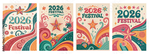Set of four vibrant retro posters for 2026 festival with swirling patterns