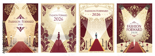 Set of four posters showcasing elegant designs for 2026 fashion event