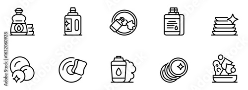 Clean Dishes Icon Set: Sparkling Clean, Dish Soap Bottles, Sponges, and Washing Utensils; Line Art Style, Minimalist Design, Bright and Positive Mood.