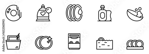 Clean Dishes Icons: Sparkling Plates, Dish Soap Bottles, Dishwasher, and Handwashing Line Art Illustrations for Website or App Design.
