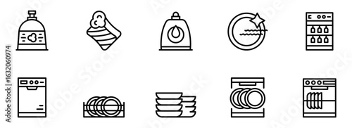 Clean Dishes, Sparkling Cleanliness:  Modern Line Art Icons of Dishwashers, Dish Soap, and Clean Plates for Website, App, or Infographic Design.