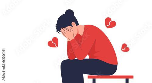 Woman feeling heartbroken and sad with broken heart symbols around her