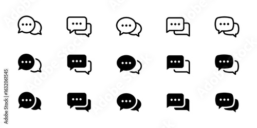 Chat icon set. Paired speech bubbles with sign in outline and filled styles. Dialog and messaging sign for apps, UI and conversations. Talk symbol. Feedback pictogram. Communication illustration.