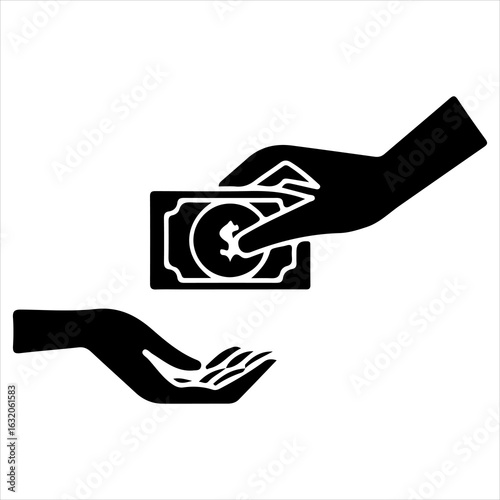 Vector image of hand holding money, black silhouette icon for online business and commerce