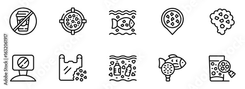 Microplastic Pollution:  A Set of Ten Line Icons Depicting Environmental Contamination,  Ocean Plastic,  and the Ingestion of Microplastics by Marine Life.