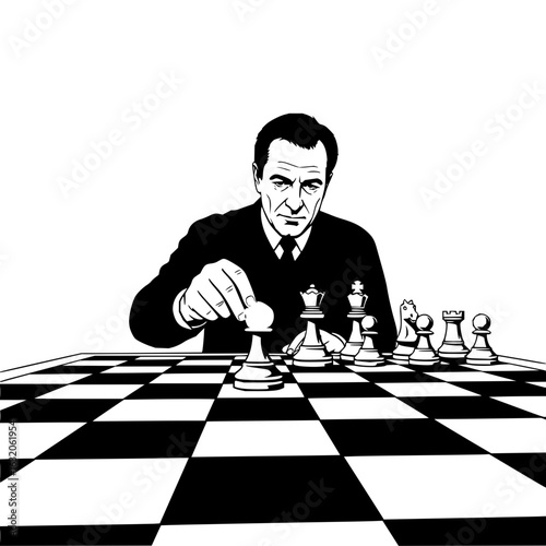 Businessman Playing Chess Strategy Game – Black and White Leadership Concept Illustration