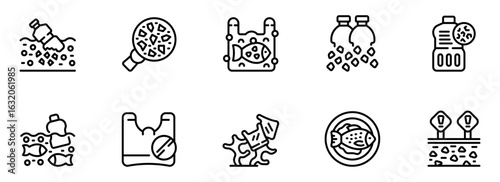 Ocean Plastic Pollution: Line Art Icon Set; Environmental Concerns;  Marine Life Threat;  Microplastics;  Water Contamination;  Sustainable Solutions; Recycling Symbols.