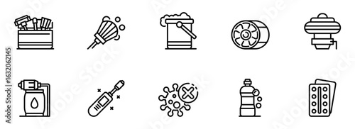 Cleanliness icons:  A collection of ten minimalist line art icons depicting cleaning supplies, hygiene products, and disinfection symbols for website or app design.