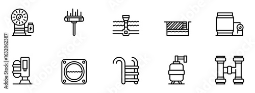 Collection of Modern Line Icons: Pool and Spa Equipment, Clean Minimalist Style, Technical Illustration for Website or App Design.