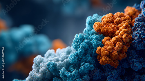 Vibrant Protein Complex Interaction on Cellular Surface Visualized in High Resolution Molecular Rendering. Conveys life science research into enzymatic binding specificity 