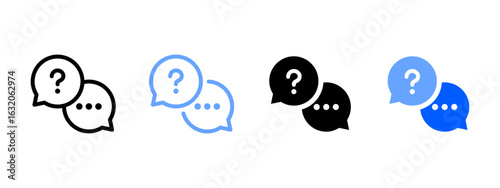 FAQ icon set. Paired speech bubbles with question mark and ellipsis sign. Support and help center sign for messaging and inquiry UI. Answer symbol. Talk pictogram. Communication illustration.