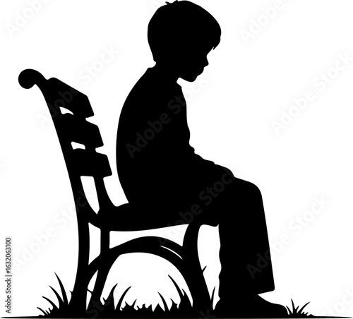 Vector art of silhouette of a boy sitting on a park bench with grass, isolated on white background