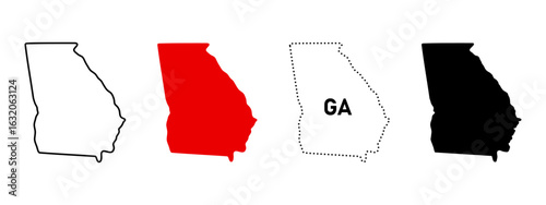 Georgia map icon set. US state silhouette in outline, filled, dotted and labeled styles sign. State border and location symbol. American geography pictogram. Regional identity illustration.