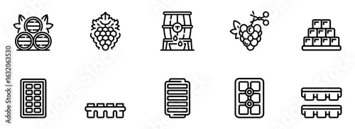 Winemaking Process Icons: Grapes, Barrels, Ice Cubes, and Wine Production Line Art Illustrations for Branding, Packaging, and Website Design.