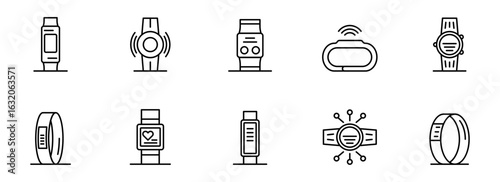 Collection of Modern Wearable Technology Icons: Smartwatches, Fitness Trackers, and Smartbands in Minimalist Line Art Style.