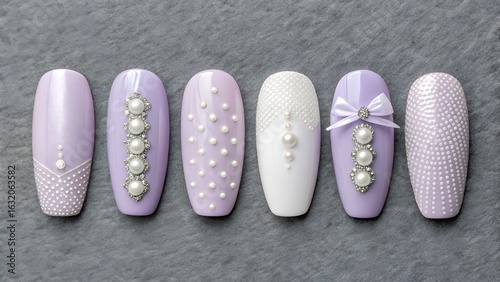 Elegant Lilac and White Nail Art Designs with Pearl Accents