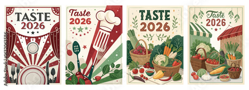 Set of four posters featuring colorful kitchen tools and fresh vegetables