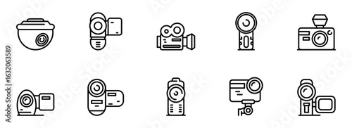 Collection of Modern Line Art Camera Icons: Security, Film, Action, and Still Photography Equipment Illustrations.