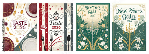 Set of four posters with art deco New Year's Gala 2026 invitation cards