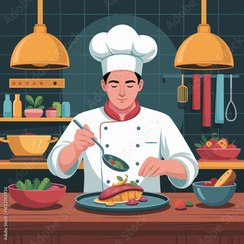 Chef Plating Gourmet Dish in Professional Kitchen