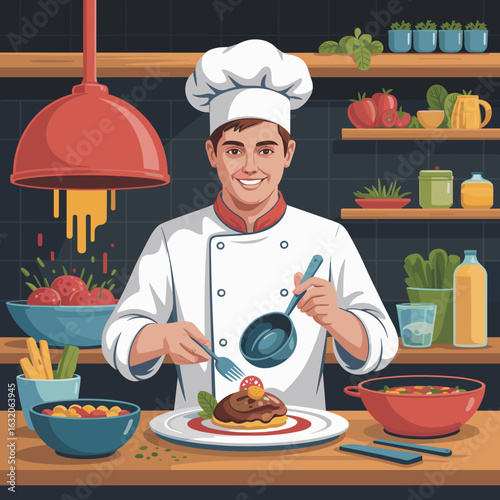 Chef Plating Gourmet Dish in Professional Kitchen