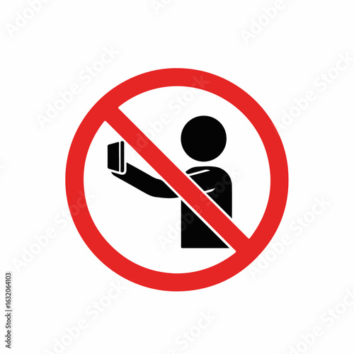 A person taking selfies inside a red prohibition sign, which indicates photography ban for safety reasons. A person taking selfies is not allowed here, to preserve silence, or simply protect privacy.