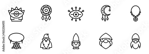 Mystical Line Art Icons: Gnomes, Eyes, Dream Catchers, and Celestial Jewelry –  Bohemian, Esoteric, and Modern Design Elements for Branding and Web Design.