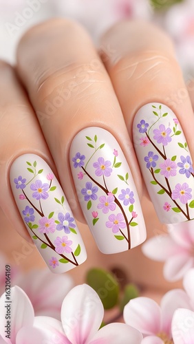 Floral Nail Art Design Featuring Delicate Cherry Blossom Branches