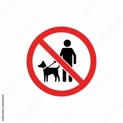A person with a dog on a leash, depicted on a prohibition sign, clearly warns about the inadmissibility of walking dogs in a certain area. A person with a dog on a leash, depicted on a round red and w