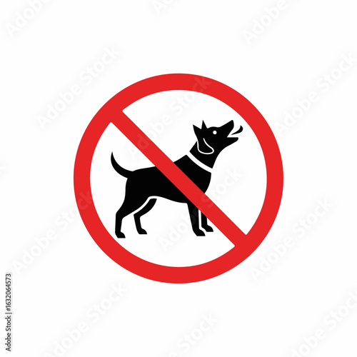 A dog barking in a red circle, a universally recognized symbol for prohibition. A dog barking is clearly displayed, indicating a rule against dogs in specified areas