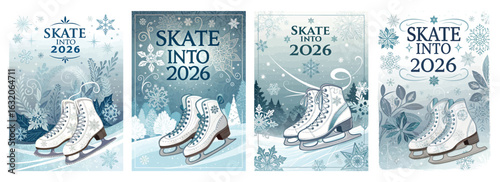 Set of four posters featuring elegant figure skates in a snowy landscape