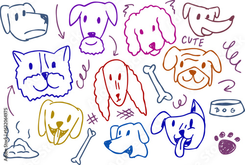 Dog sketches and bone. Cute faces show joy, perfect for pet lovers.