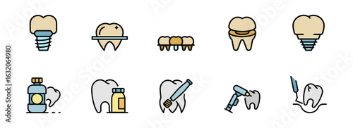 Modern Dental Procedures: Colorful Icons Set Illustrating Implants, Crowns, Fillings, and Teeth Whitening Treatments.