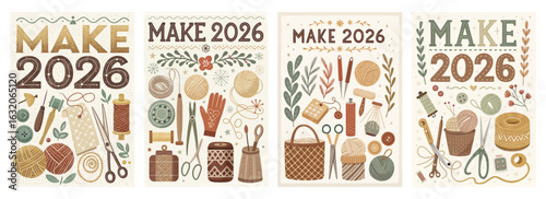Set of four posters featuring yarn knitting needles and sewing tools