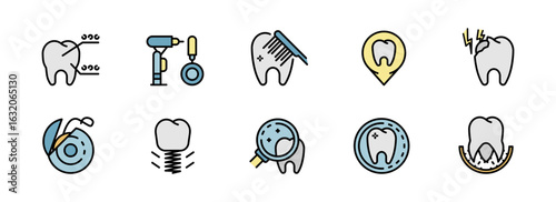 Colorful Dental Icons:  Braces, Drill, Toothbrush, Implant, Cavity, and More;  Informative, Clean Style for Healthcare Websites and Educational Materials.