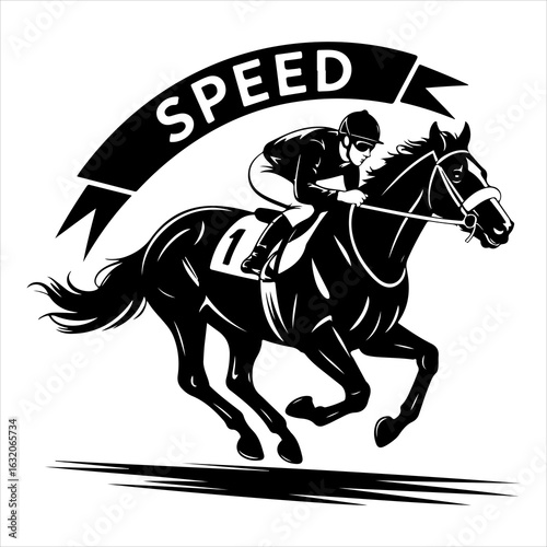 Silhouette illustration of a jockey riding a racehorse at full speed, with the word "SPEED" displayed above.