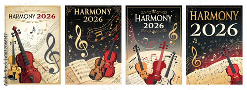 Set of four posters featuring violins and musical notes in vibrant designs