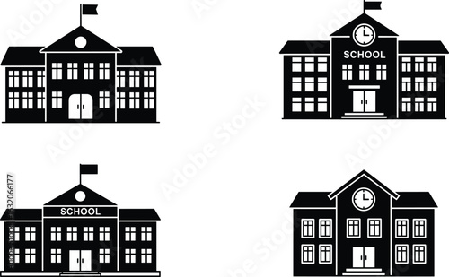Black school building icon set, silhouette vector education symbol, academic campus illustration, modern institutional design, learning center clipart