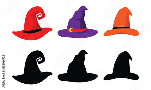 Colorful and Silhouette Witch Hats Vector Set for Halloween Design

