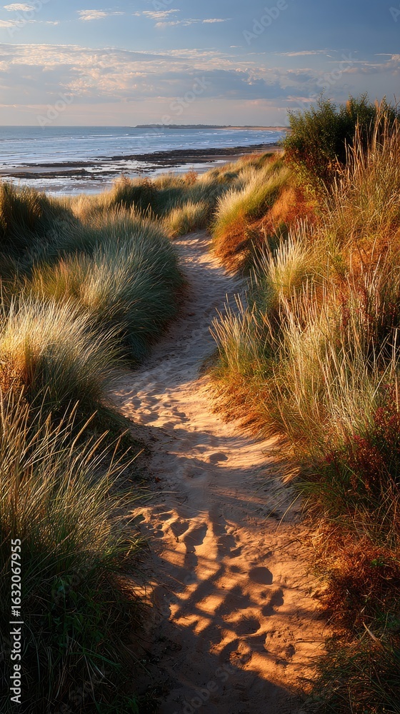 Obraz premium Coastal path through golden dunes at sunset