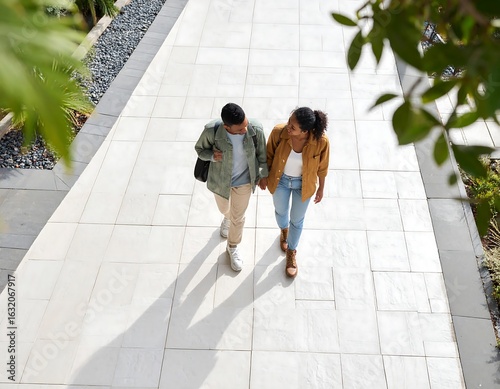 Couple walking on paved path, top view