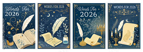 Set of four posters featuring vintage writing tools and starry background