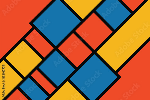 Abstract composition of colorful squares and rectangles with black lines overlaying them