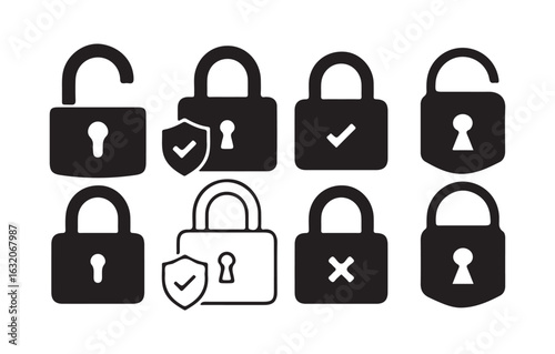 lock icon set. unlocked sign, black outline icon set for app, ui, ux and website. Padlock symbol. Victor illustration eps10