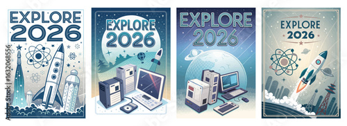 Set of four posters featuring futuristic space travel and retro design
