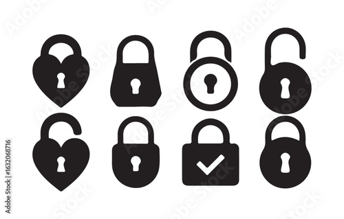 lock icon set. unlocked sign, black outline icon set for app, ui, ux and website. Padlock symbol. Victor illustration eps10