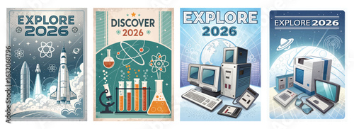 Set of four posters featuring vintage exploration themes with rockets and space
