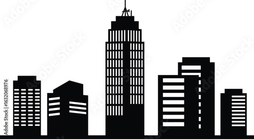 Modern city skyline silhouette vector, black urban buildings illustration, cityscape design art, downtown skyscrapers icon, architectural skyline background