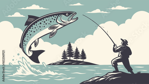 Angler Reels in a Leaping Trout by a Scenic Island.